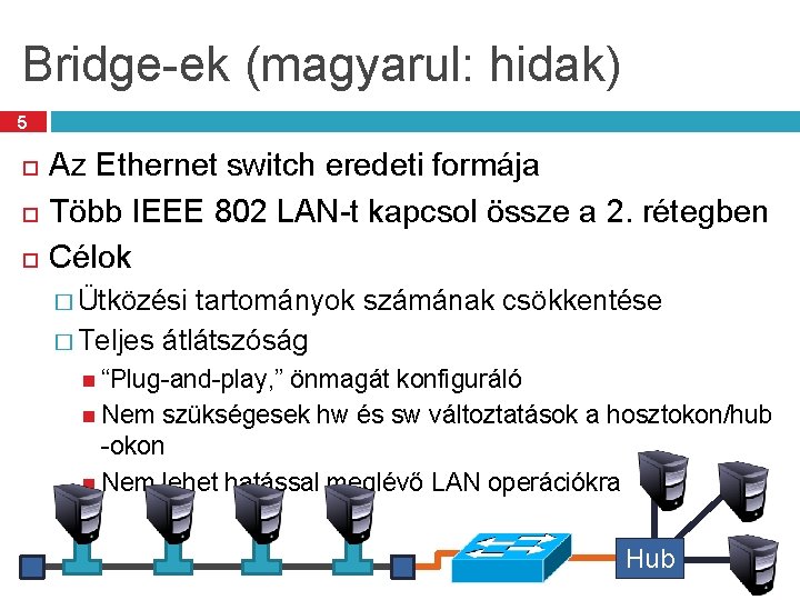 Bridge-ek (magyarul: hidak) 5 Az Ethernet switch eredeti formája Több IEEE 802 LAN-t kapcsol