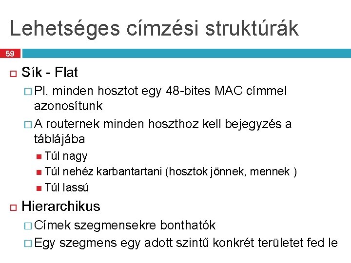 Lehetséges címzési struktúrák 59 Sík - Flat � Pl. minden hosztot egy 48 -bites