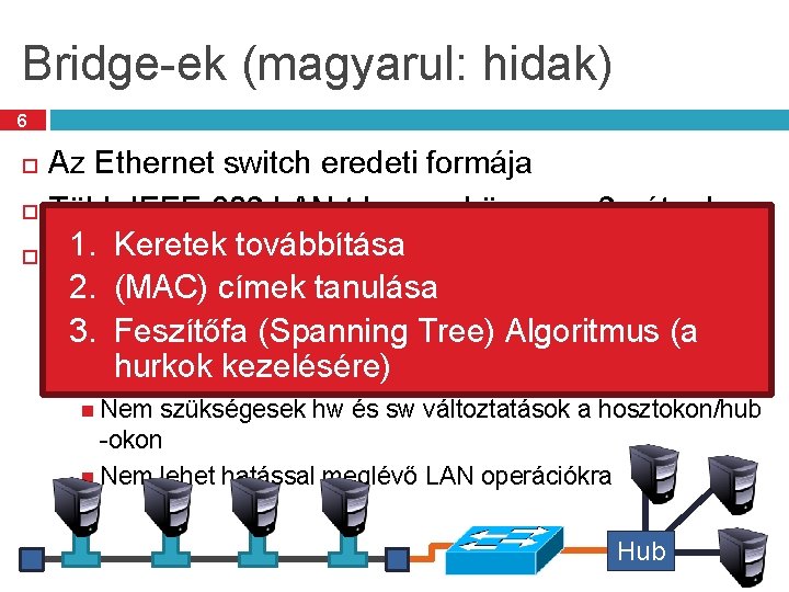 Bridge-ek (magyarul: hidak) 6 Az Ethernet switch eredeti formája Több IEEE 802 LAN-t kapcsol