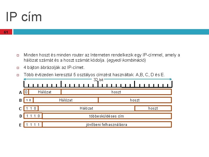 IP cím 61 Minden hoszt és minden router az Interneten rendelkezik egy IP-címmel, amely