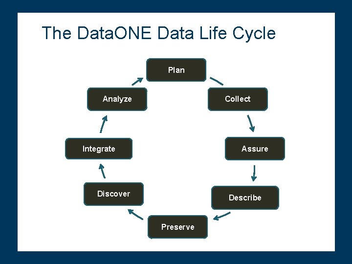 The Data. ONE Data Life Cycle Plan Analyze Collect Assure Integrate Discover Describe Preserve