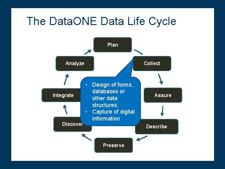 The Data. ONE Data Life Cycle Plan Analyze Integrate Discover Collect • Design of