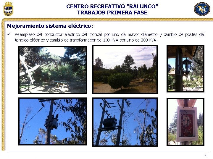 CENTRO RECREATIVO "RALUNCO" TRABAJOS PRIMERA FASE Mejoramiento sistema eléctrico: ü Reemplazo del conductor eléctrico