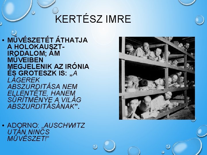 KERTÉSZ IMRE • MŰVÉSZETÉT ÁTHATJA A HOLOKAUSZTIRODALOM; ÁM MŰVEIBEN MEGJELENIK AZ IRÓNIA ÉS GROTESZK