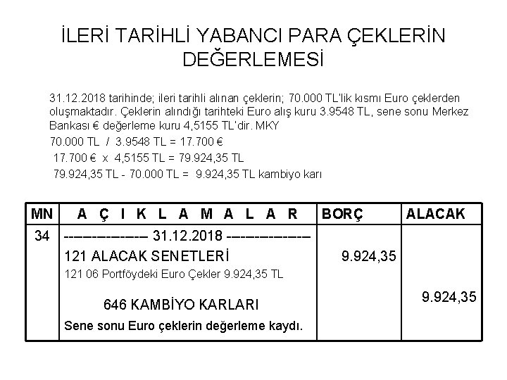 İLERİ TARİHLİ YABANCI PARA ÇEKLERİN DEĞERLEMESİ 31. 12. 2018 tarihinde; ileri tarihli alınan çeklerin;