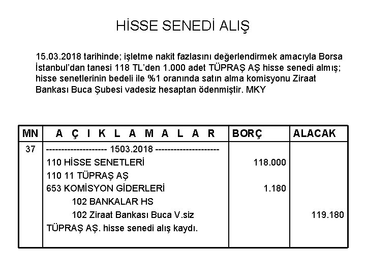 HİSSE SENEDİ ALIŞ 15. 03. 2018 tarihinde; işletme nakit fazlasını değerlendirmek amacıyla Borsa İstanbul’dan