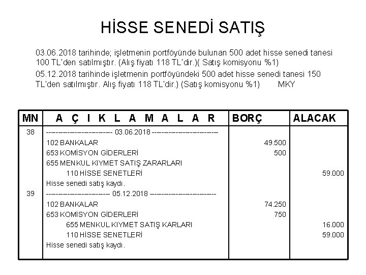 HİSSE SENEDİ SATIŞ 03. 06. 2018 tarihinde; işletmenin portföyünde bulunan 500 adet hisse senedi