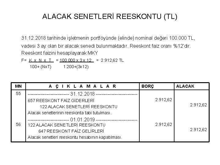 ALACAK SENETLERİ REESKONTU (TL) 31. 12. 2018 tarihinde işletmenin portföyünde (elinde) nominal değeri 100.