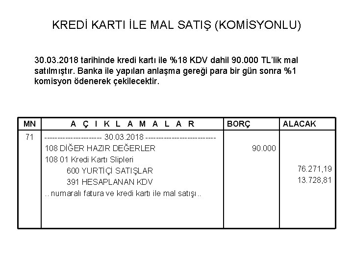 KREDİ KARTI İLE MAL SATIŞ (KOMİSYONLU) 30. 03. 2018 tarihinde kredi kartı ile %18