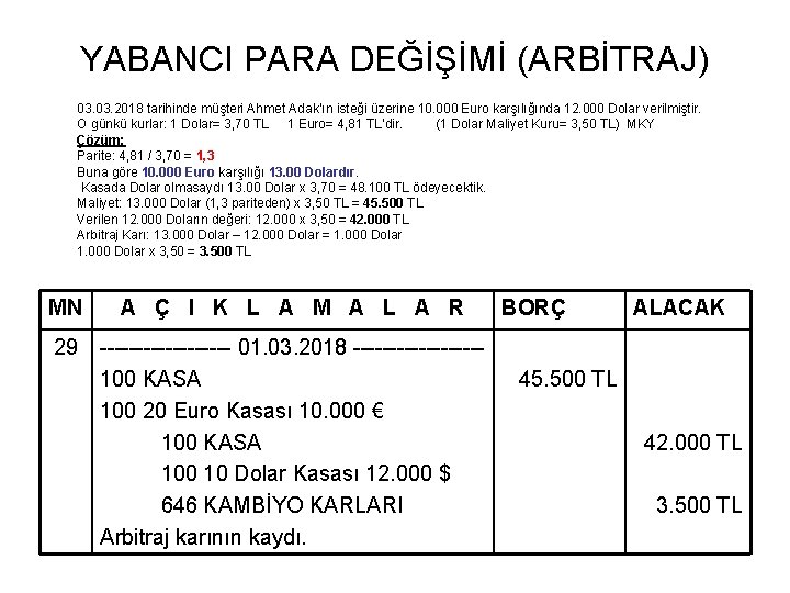 YABANCI PARA DEĞİŞİMİ (ARBİTRAJ) 03. 2018 tarihinde müşteri Ahmet Adak’ın isteği üzerine 10. 000