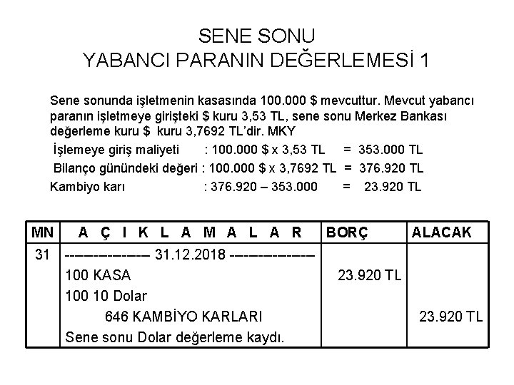 SENE SONU YABANCI PARANIN DEĞERLEMESİ 1 Sene sonunda işletmenin kasasında 100. 000 $ mevcuttur.