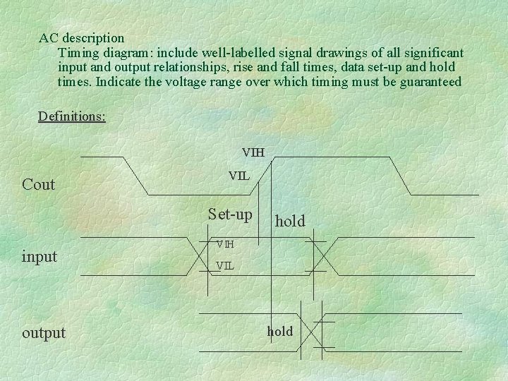 AC description Timing diagram: include well-labelled signal drawings of all significant input and output