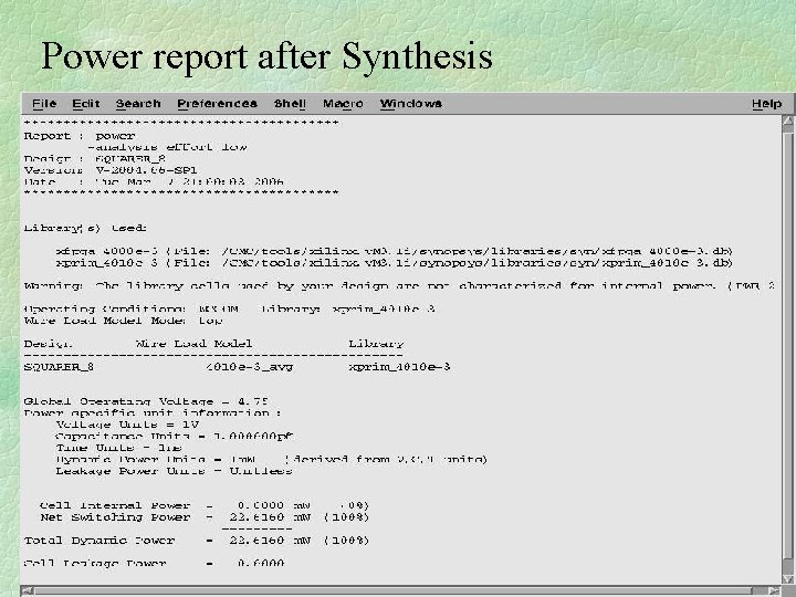 Power report after Synthesis 