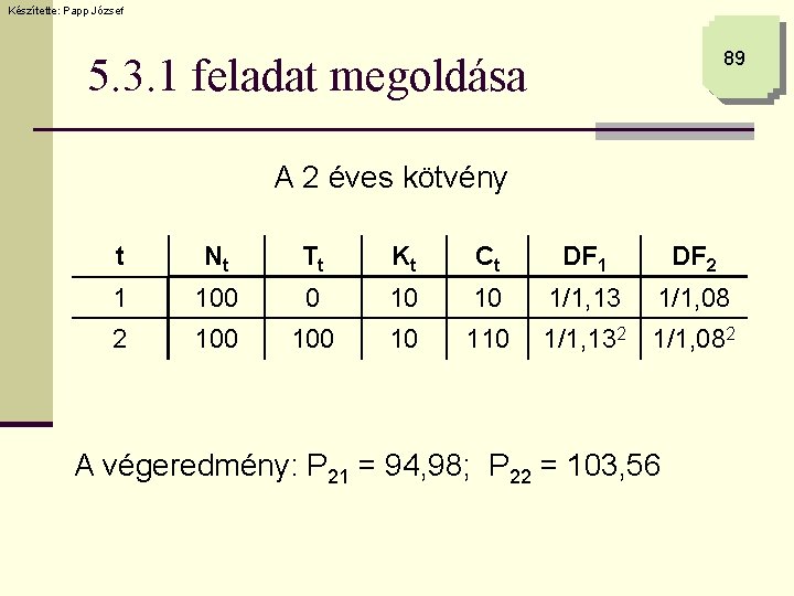 Készítette: Papp József 89 5. 3. 1 feladat megoldása A 2 éves kötvény t
