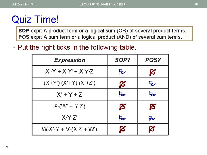 Aaron Tan, NUS Lecture #13: Boolean Algebra 18 Quiz Time! SOP expr: A product