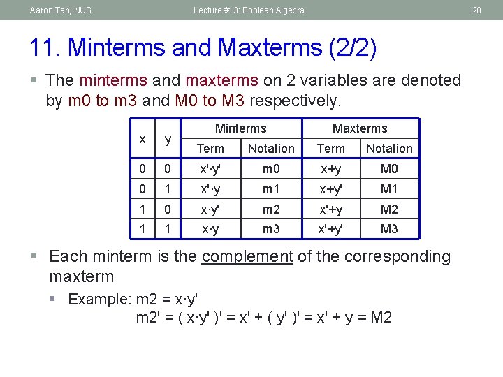 Aaron Tan, NUS Lecture #13: Boolean Algebra 20 11. Minterms and Maxterms (2/2) §