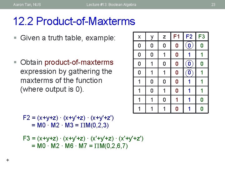 Aaron Tan, NUS Lecture #13: Boolean Algebra 23 12. 2 Product-of-Maxterms § Given a