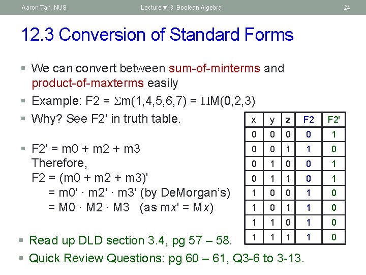 Aaron Tan, NUS Lecture #13: Boolean Algebra 24 12. 3 Conversion of Standard Forms