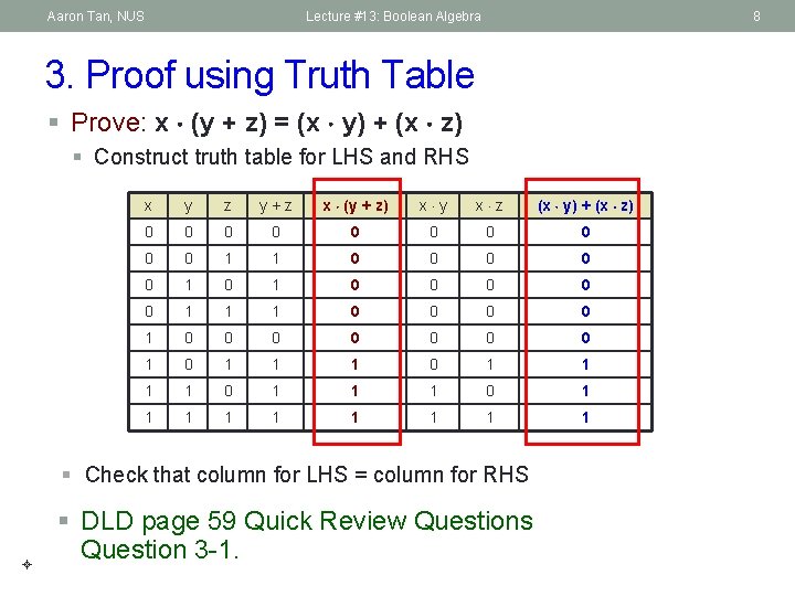 Aaron Tan, NUS Lecture #13: Boolean Algebra 8 3. Proof using Truth Table §