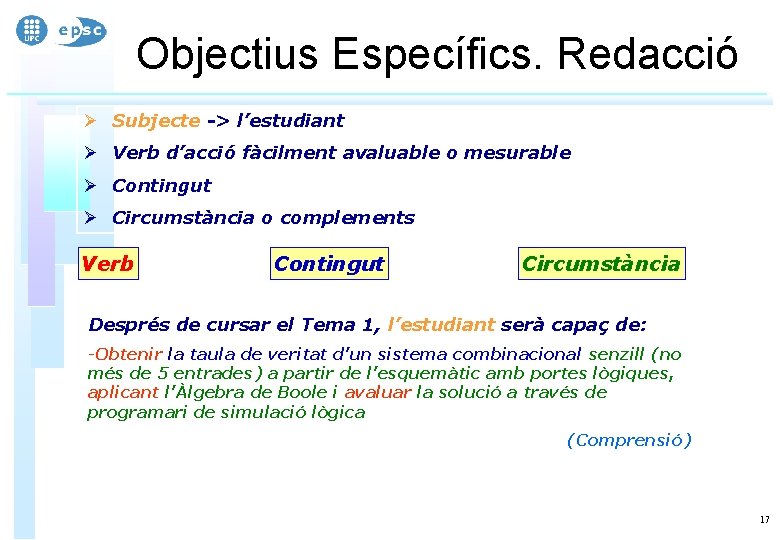 Objectius Específics. Redacció Ø Subjecte -> l’estudiant Ø Verb d’acció fàcilment avaluable o mesurable