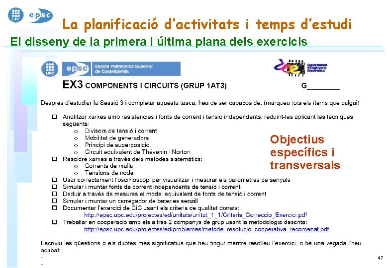 La planificació d’activitats i temps d’estudi El disseny de la primera i última plana