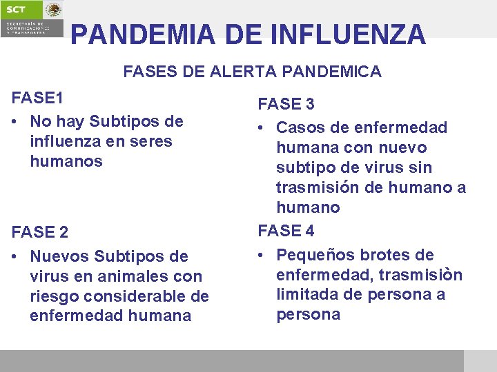PANDEMIA DE INFLUENZA FASES DE ALERTA PANDEMICA FASE 1 • No hay Subtipos de