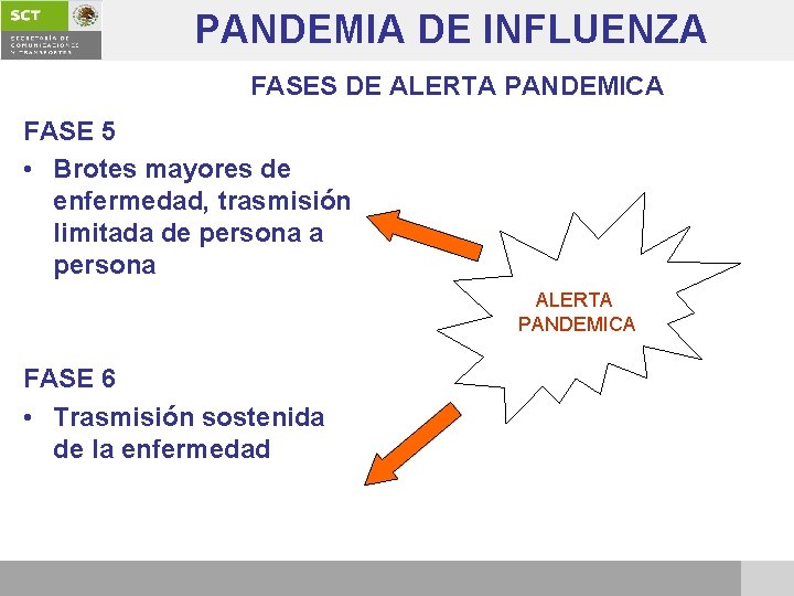 PANDEMIA DE INFLUENZA FASES DE ALERTA PANDEMICA FASE 5 • Brotes mayores de enfermedad,