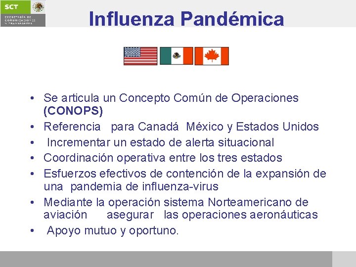 Influenza Pandémica • Se articula un Concepto Común de Operaciones (CONOPS) • Referencia para