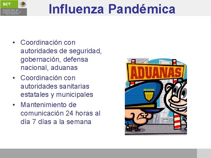 Influenza Pandémica • Coordinación con autoridades de seguridad, gobernación, defensa nacional, aduanas • Coordinación
