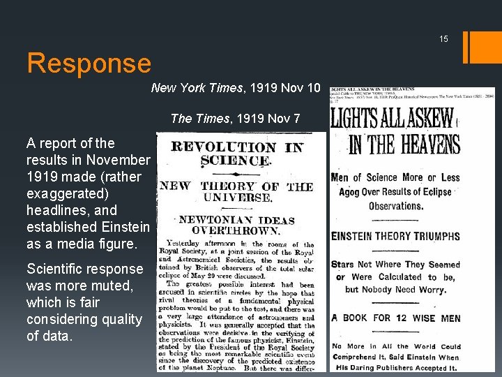 15 Response New York Times, 1919 Nov 10 The Times, 1919 Nov 7 A