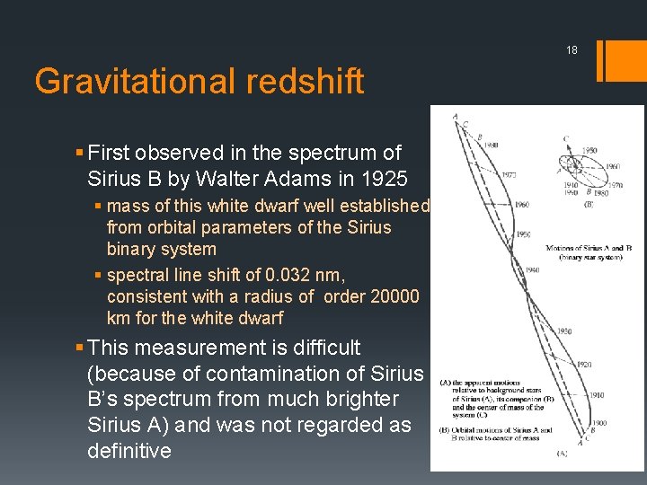 18 Gravitational redshift § First observed in the spectrum of Sirius B by Walter