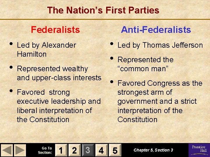 The Nation’s First Parties Federalists • • • Led by Alexander Hamilton Represented wealthy