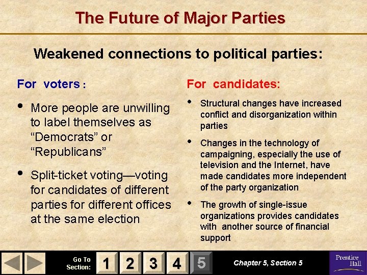 The Future of Major Parties Weakened connections to political parties: For voters : For