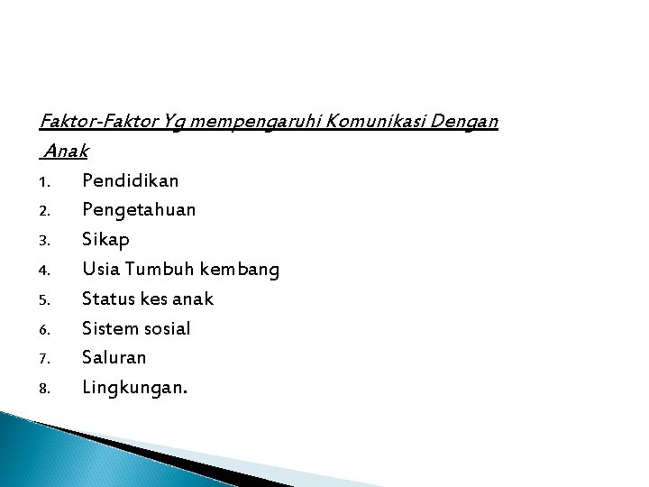 Faktor-Faktor Yg mempengaruhi Komunikasi Dengan Anak 1. 2. 3. 4. 5. 6. 7. 8. Faktor-Faktor Yg mempengaruhi Komunikasi Dengan Anak 1. 2. 3. 4. 5. 6. 7. 8.