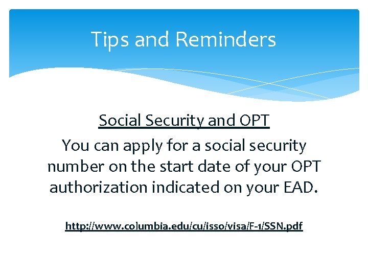 Tips and Reminders Social Security and OPT You can apply for a social security