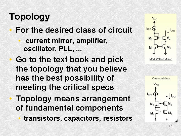 Topology • For the desired class of circuit • current mirror, amplifier, oscillator, PLL,