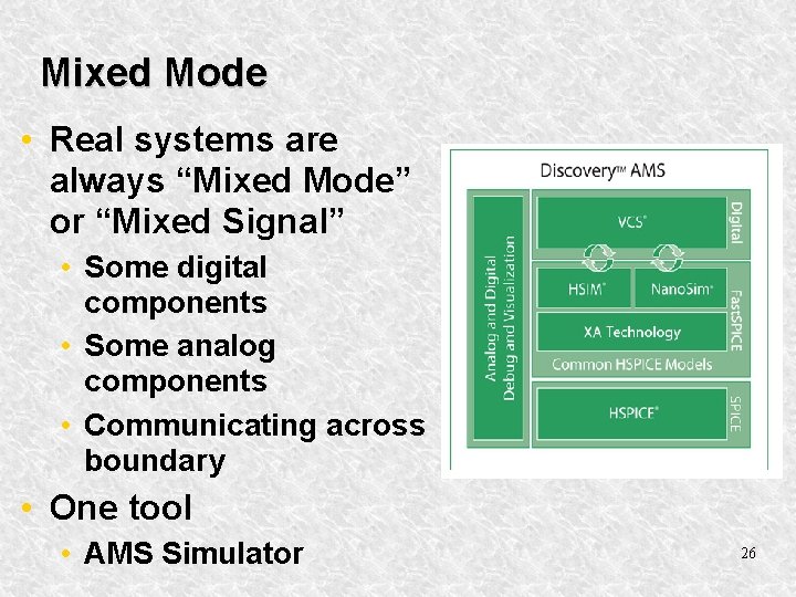 Mixed Mode • Real systems are always “Mixed Mode” or “Mixed Signal” • Some