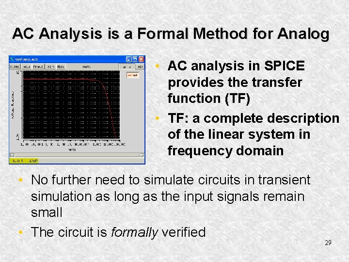 AC Analysis is a Formal Method for Analog • AC analysis in SPICE provides