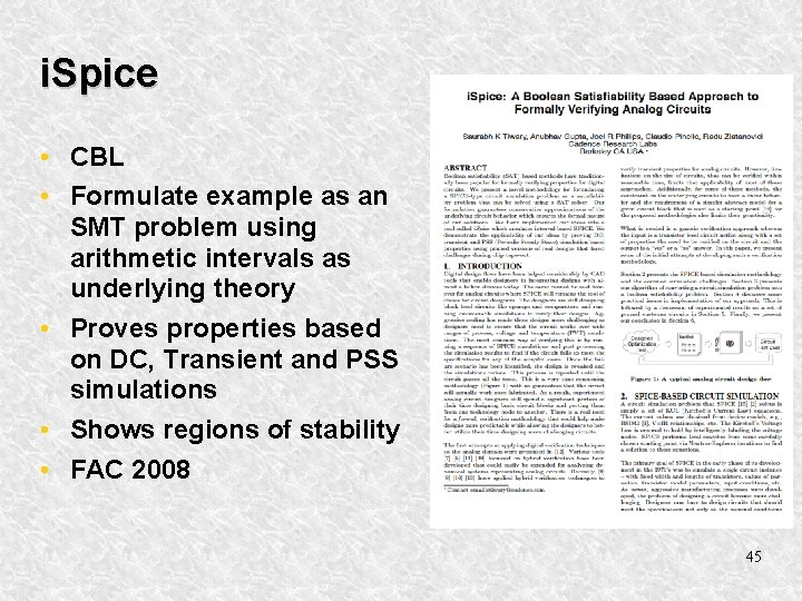 i. Spice • CBL • Formulate example as an SMT problem using arithmetic intervals