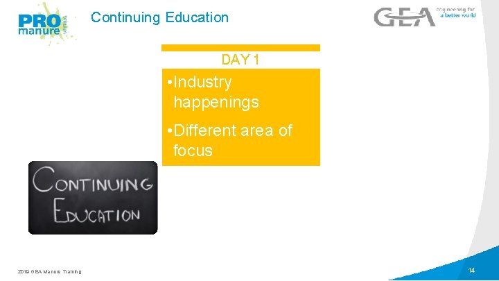 Continuing Education DAY 1 LEVEL 1 • Industry happenings • Different area of focus