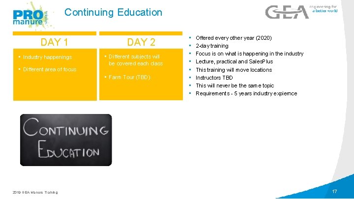 Continuing Education DAY 1 • Industry happenings • Different area of focus LEVEL 1