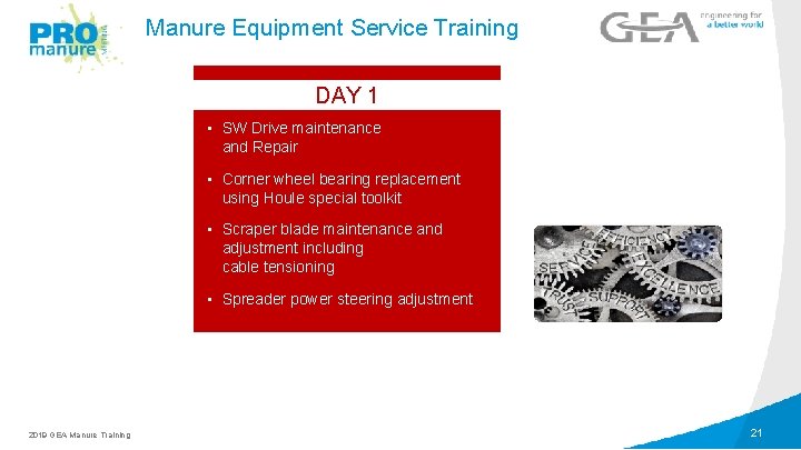 Manure Equipment Service Training DAY 1 • SW Drive maintenance and Repair • Corner