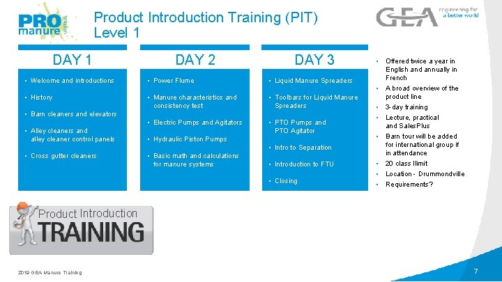 Product Introduction Training (PIT) Level 1 DAY 2 DAY 3 • Welcome and introductions