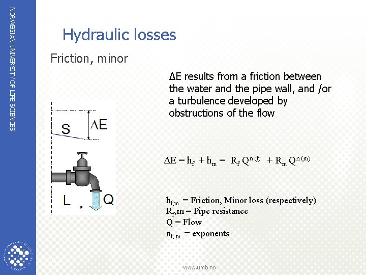 NORWEGIAN UNIVERSITY OF LIFE SCIENCES Hydraulic losses Friction, minor ΔE results from a friction