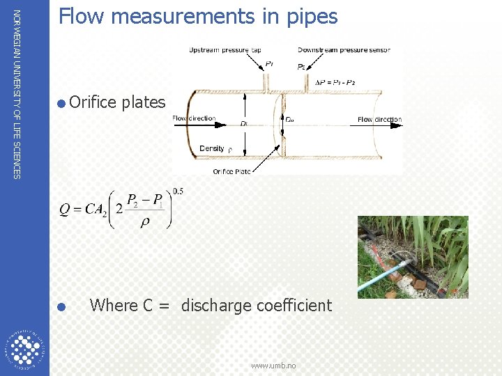 NORWEGIAN UNIVERSITY OF LIFE SCIENCES Flow measurements in pipes =Orifice plates = Where C
