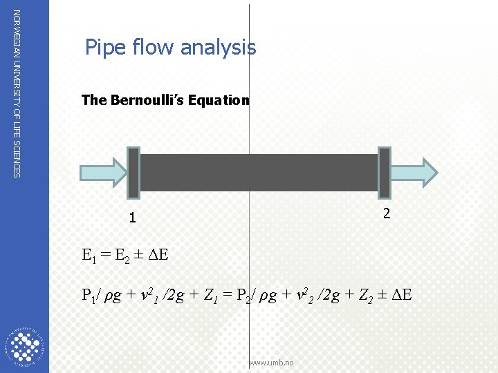 NORWEGIAN UNIVERSITY OF LIFE SCIENCES Pipe flow analysis The Bernoulli’s Equation 2 1 E