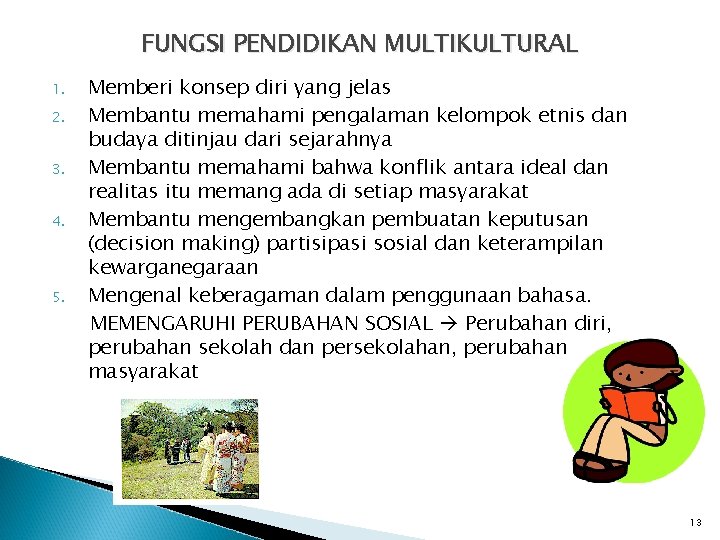 FUNGSI PENDIDIKAN MULTIKULTURAL 1. 2. 3. 4. 5. Memberi konsep diri yang jelas Membantu