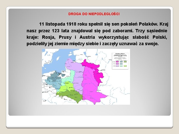 DROGA DO NIEPODLEGŁOŚCI 11 listopada 1918 roku spełnił się sen pokoleń Polaków. Kraj nasz