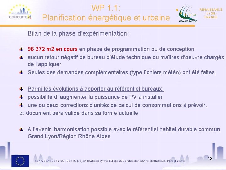 WP 1. 1: Planification énergétique et urbaine RENAISSANCE - LYON FRANCE Bilan de la