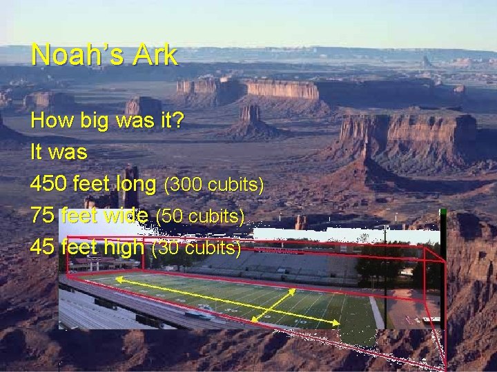 Noah’s Ark How big was it? It was 450 feet long (300 cubits) 75 Noah’s Ark How big was it? It was 450 feet long (300 cubits) 75